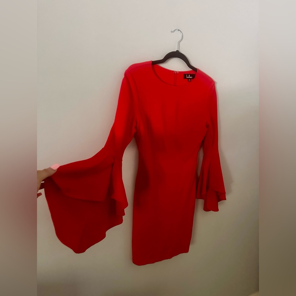 Lulus Red Flounce Sleeve Bodycon Dress || Medium
